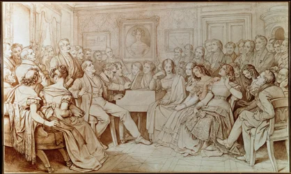 O compositor Franz schubert acompanha o tenor Johann Michael Vogl numa noite musical no Barão von Spaun (Desenho