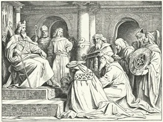 Os enviados do califa Harun al-Rashid trazendo presentes ao Imperador Carlos Magno, 802 (gravura)