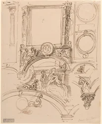 Detalhes arquitetônicos para uma decoração de parede com a imperatriz Maria Theresia abraçando o jovem Wolfgang Amadeus Mozart