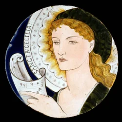 C.2-1922 Azulejo Morris and Company representando Santa Cecília, desenhado por Edward Burne-Jones (1833-98), pintado por Kate Faulkner, c.1865 (faiança pintada)