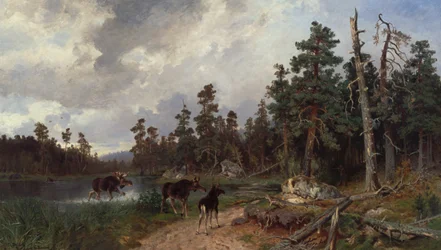 Alces e caçadores num pinhal