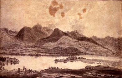 Vista panorâmica de Derwentwater e do Vale de Keswick, detalhe do extremo norte de Derwent Water, c.1772 (lápis e lavagem em papel) (ver 92086 e 92088-91)