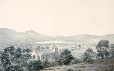 Vista da piscina de Bala, Llyntagit, a partir da igreja de Llanfawr, Meirionethshire