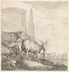 Cabras e vacas por uma torre redonda com um obelisco Animais de quatro patas (título da série)