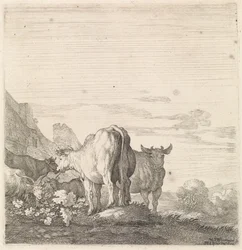 Vacas e cabras em uma paisagem com casas Animais de quatro patas (título da série)
