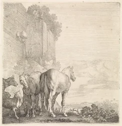 Dois cavalos com cabras e uma vaca em um muro alto (da cidade) Animais de quatro patas (título da série)