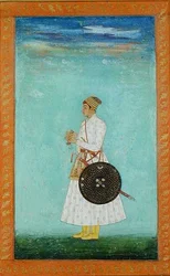 Um jovem nobre da corte Mughal segurando um envelope de brocado selado, c.1670-80, do Grande Álbum Clive (gouache no papel)