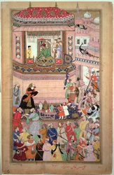 Akbar numa audiência, de Husays Naggash e Kesu, do "Akbarnama", Mughal, c.1590