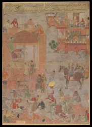 Anushirvan estabelece a fundação de Ctesiphon em uma hora auspiciosa, manuscrito fólio, c.1560-1565 (aquarela opaca, tinta e ouro sobre tela, montada em papelão)