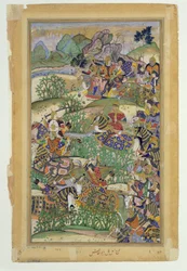 Imperador Akbar (r.1556-1605) na batalha de Samal em 1572, do Akbarnama feita por Abul Fazi, 1590-98 (wc opaca e ouro no papel)