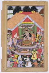 Imperador Akbar (r.1556-1605) entretido por seu irmão adotivo Azim Khan em Dipalpur, Punjab, 1571, do Akbarnama feito por Abul Fazi, 1590-98 (wc opaco e ouro no papel)