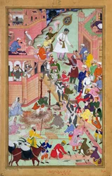 Imperador Akbar (r.1556-1605) inspecionando a obra em Fatepur Sikri, cidade concluída em 1584, do Akbarnama, 1590-98 (wc opaco e ouro sobre papel)