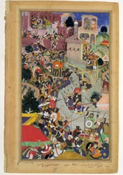 Imperador Akbar (r.1556-1605) dispara Saimal no cerco de Chitov em 1567, do Akbarnama feito por Abul Fazi, 1590-98 (wc opaca e ouro no papel)