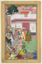 Fatepur Sikiri, 1573: Hasain Quli Khan-l Jahan apresentando seus prisioneiros ao Imperador Akbar (r.1556-1605), do Akbarnama feito por Abul Fazi, 1590-98 (wc opaco e ouro no papel)