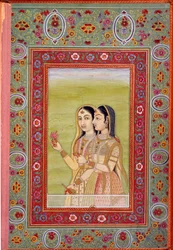 Arte indiana: miniatura representando duas mulheres. Século XVII (período mogol), Paris, B.N.