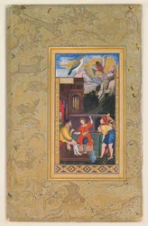 Página de um álbum feito para Jahangir, verso: Joseph Telling His Dream to His Father, anverso caligrafia primeira metade do século XVI; verso imagem c.1590; álbum c.1608-19 (aguarela, ouro e tinta sobre papel)
