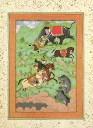 Príncipes Rajput caçando ursos; um mahout e seu elefante salvam um cavaleiro caído de um tigre, do álbum Large Clive