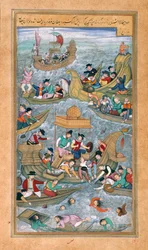 Sultan Bahadur e Rumi Khan pulando no mar quando cercados por barcos portugueses, do Akbarnama