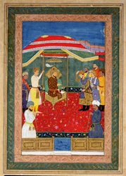 O imperador mogol Babur (1526-30) sentado em um trono recebendo um príncipe, Johnson Album I, nº 3 numerado 65