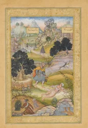 Um peregrino muçulmano aprende uma lição de piedade de um brâmane, fólio de um Khamsa..., 1597-98