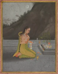 Uma cena nocturna de Shiva Puja, c.1760-70 (aguarela opaca com ouro sobre papel)