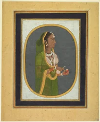 Senhora da corte a servir vinho, c. 1760; bordos c.1830s (aguarela opaca, tinta e ouro sobre papel)