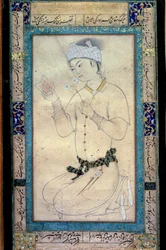 Um jovem com livros e narcisos miniatura persa na guache de Muhammad Shaykh