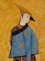 Juventude vestindo um casaco curto forrado de pele por cima do ombro, década de 1640.