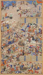 Batalha entre iranianos e turanianos, Folio de um Shahnama Book of Kings, 1562-83. Criadores: Muhammad ibn Taj al-Din Haidar Muzahhib Shirazi, Muhammad al-Qivam al-Shirazi.