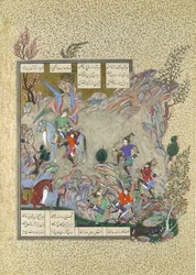 O Anjo Surush resgata Khusrau Parviz de um beco sem saída, Folio 708v do..., ca. 1530-35.