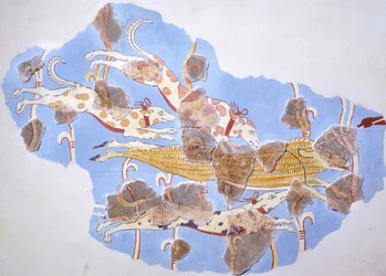 Cena de caça, fresco do palácio de Tirinto, Grécia, civilização micénica