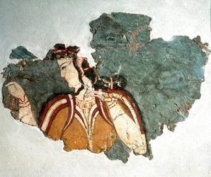 Arte micénica: «A dama de Micenas». Fresco representando uma cortesã proveniente de uma casa particular da acrópole. Século XIII a.C. Museu Arqueológico Nacional, Atenas (inv. 11670)