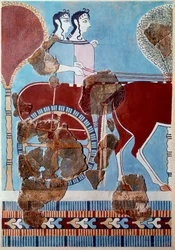Arte micénica: casal numa carruagem. Fragmento de fresco do palácio de Tirinto e reconstituição