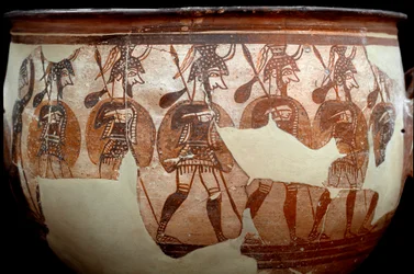 Civilização micénica: cratera chamada os Guerreiros. Do círculo de túmulos A a Micenas. Século XII a.C. Atenienses, Museu Nacional Arqueológico - Arte da civilização micénica: cratera chamada Cratera dos Guerreiros. Do círculo de túmulos A de Micenas. 12º 