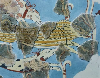 Fresco do Palácio Tirinto (Grécia). Detalhe: grupo de cães a atacar um javali selvagem. Civilização micénica