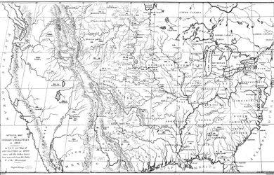 Mapa da América do Norte com as localizações de tribos indígenas americanas, 1841