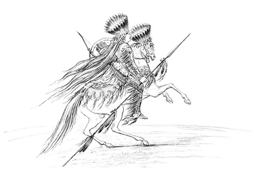 Homem nativo americano com armas e touca, montando um cavalo, 1841.