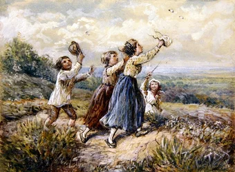 Crianças a perseguir borboletas (guache e aguarela sobre papel)