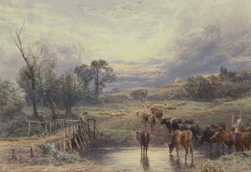 Paisagem, com, boiada, e, ponte, 19o século