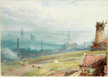 Newcastle upon Tyne do Windmill Hills, Gateshead (bodycolour e aguarela sobre papel (colado a bordo))