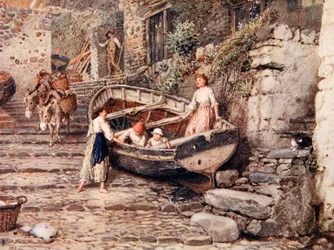 Vista de Clovelly, com barco encalhado e figuras, 1882