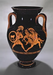 Ânfora de barriga de figura vermelha no ático representando o rapto de Antiope com Teseu e Pirithous, c.500-490 aC (cerâmica)