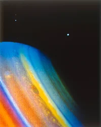 Saturno e sua lua Dione, vistos da espaçonave Voyager 2.