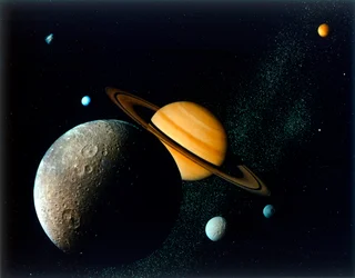 Sistema Saturniano da Voyager 1, década de 1980.