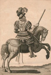 Um Yeoman da Guarda, participando da Rainha Elizabeth em Progresso, c1800.