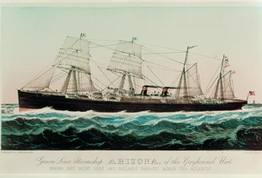 O navio a vapor Arizona da Guion Line, da frota Greyhound, efectua travessias seguras, curtas, seguras e fiáveis através do Atlântico ... (impressão a cores)