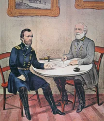 O General Robert E. Lee (1807-70) rende-se ao General Ulysses S. Grant (1822-85) no Appomattox Courthouse, 9 de Abril de 1865 (cor litho)