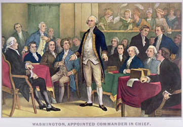 George Washington (1732-99) Nomeado Comandante-em-Chefe, publicado em 1876 (cor litho)