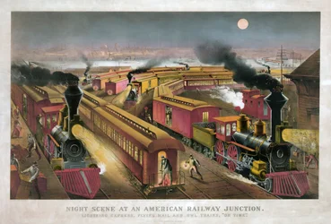 Cena Noturna em uma Junção Ferroviária Americana por Currier & Ives
