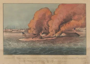 Terrific Combat Between the "Monitor" 2 Guns & "Merrimac" 11 Guns In Hampton Roads 9 de Março de 1862 (litografia colorida à mão)
